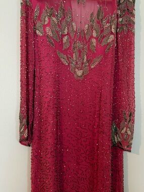 Beaded Fuchsia Long-Sleeve Evening Dress